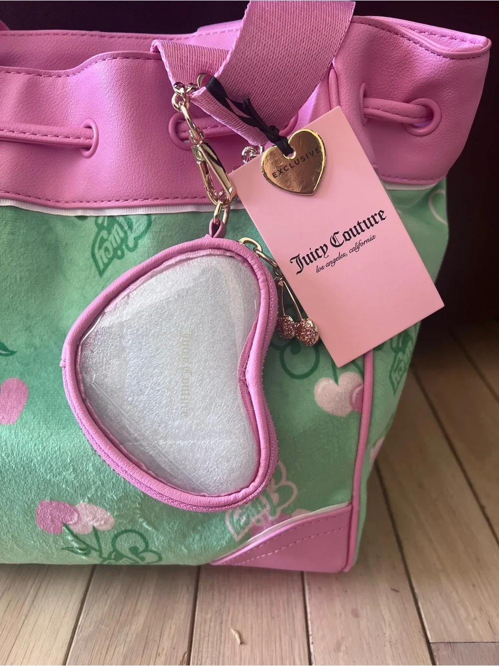 Juicy Couture Pink and Mint Cherry Logo Tote with Heart Charm
